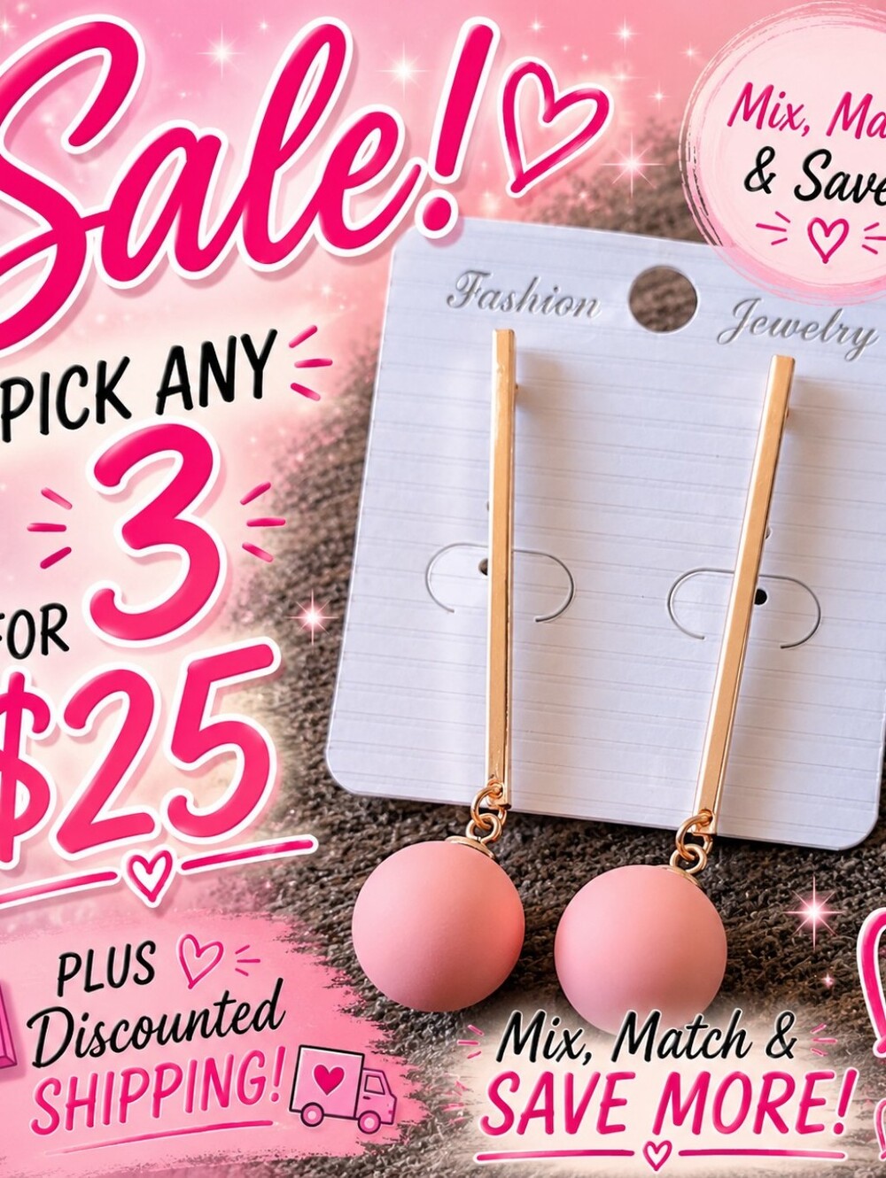 Pink Bead Drop Hoop Earrings Gold Tone Ribbon Accent Women’s Fashion Jewelry